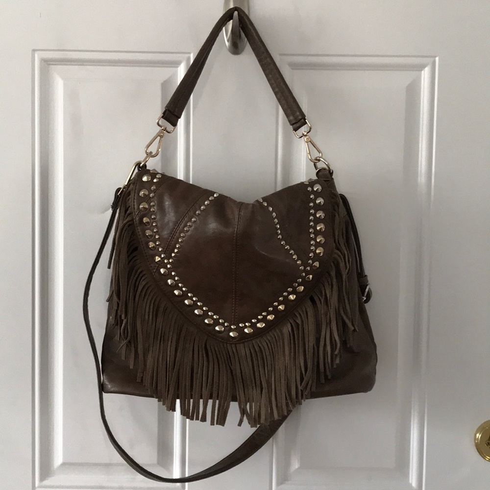 Leather fringe studded bag